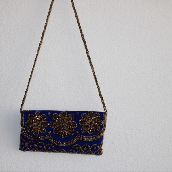 Royal blue zardosi handwork handbag. Can also be used as a clutch - Picture 2 of 5